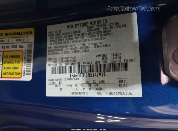1FA6P8TH3N5147919 2022 FORD MUSTANG Blue Widok komory silnika