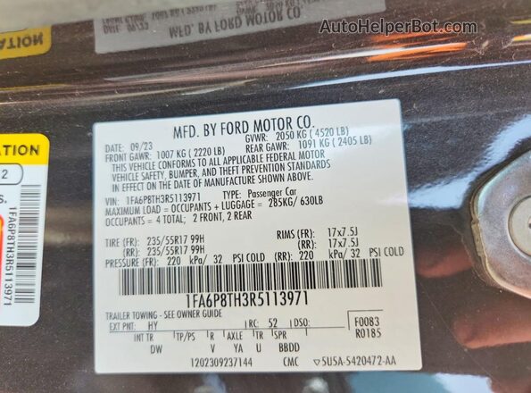 1FA6P8TH3R5113971 2024 FORD MUSTANG Black Engine compartment view