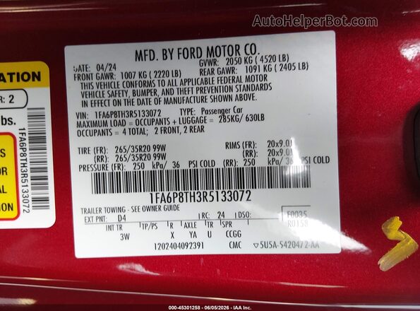 1FA6P8TH3R5133072 2024 FORD MUSTANG Красный Вид подкапотного пространства