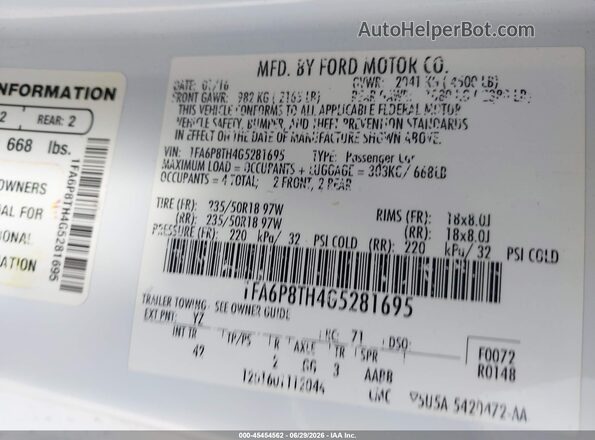 1FA6P8TH4G5281695 2016 FORD MUSTANG White Widok komory silnika