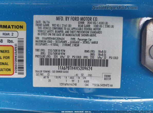 1FA6P8TH4H5209624 2017 FORD MUSTANG Blue ძრავის განყოფილების ხედი