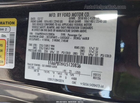 1FA6P8TH4J5120836 2018 FORD MUSTANG Черный Вид подкапотного пространства