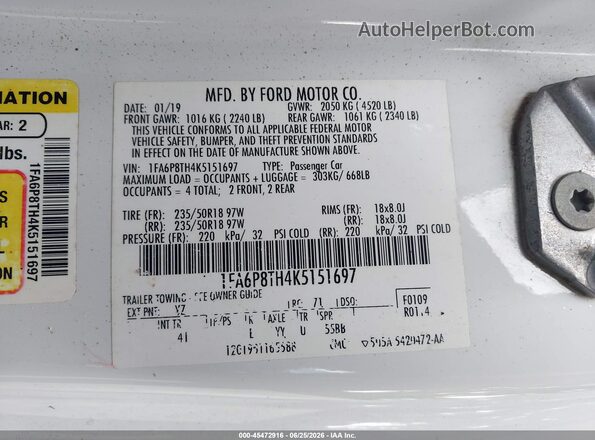 1FA6P8TH4K5151697 2019 FORD MUSTANG White ძრავის განყოფილების ხედი