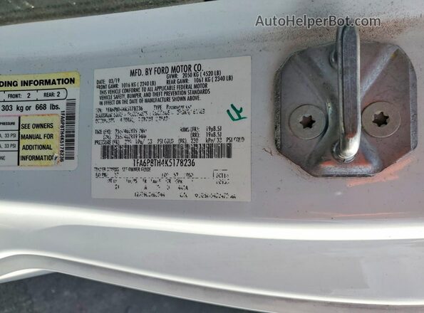 1FA6P8TH4K5178236 2019 FORD MUSTANG White 