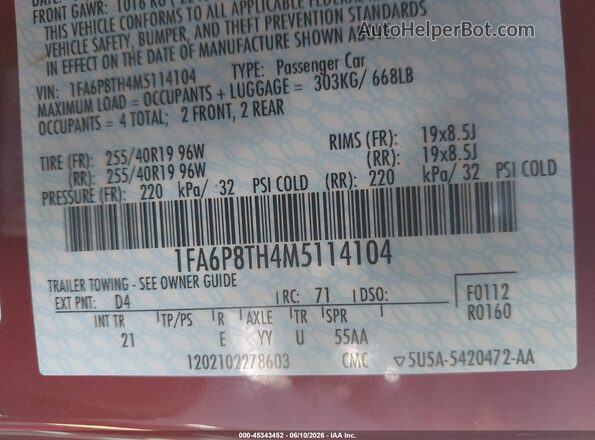 1FA6P8TH4M5114104 2021 FORD MUSTANG Красный Вид подкапотного пространства