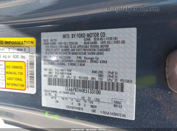 1FA6P8TH4R5133100 2024 FORD MUSTANG Light Blue ძრავის განყოფილების ხედი