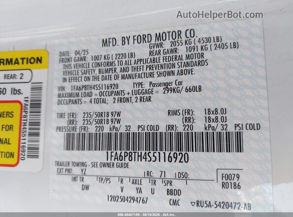 1FA6P8TH4S5116920 2025 FORD MUSTANG White Widok komory silnika