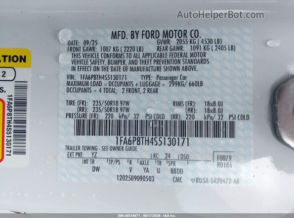 1FA6P8TH4S5130171 2025 FORD MUSTANG White Vista del compartimento del motor