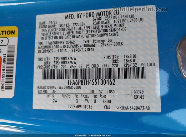 1FA6P8TH4S5130462 2025 FORD MUSTANG Blue Engine compartment view
