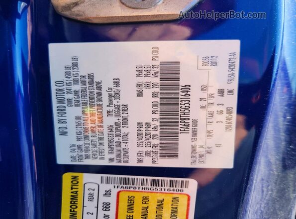1FA6P8TH5G5316406 2016 FORD MUSTANG Blue VIN კოდის სტიკერის ხედი