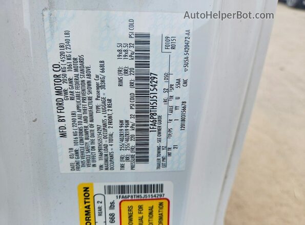 1FA6P8TH5J5154297 2018 FORD MUSTANG Белый Вид наклейки с VIN-кодом