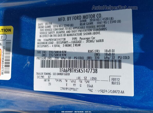 1FA6P8TH5K5147738 2019 FORD MUSTANG Синий Вид подкапотного пространства