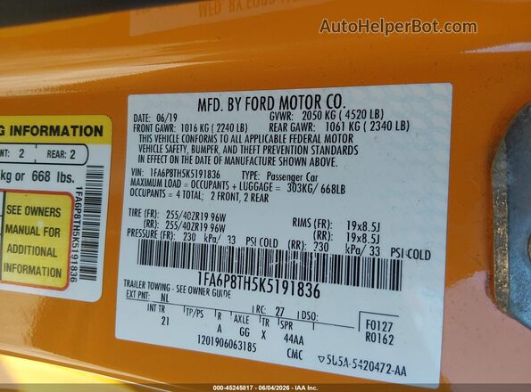 1FA6P8TH5K5191836 2019 FORD MUSTANG Yellow ძრავის განყოფილების ხედი