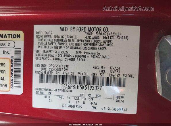 1FA6P8TH5K5193327 2019 FORD MUSTANG Red Вид підкапотного простору