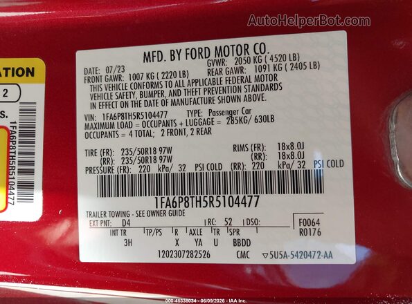 1FA6P8TH5R5104477 2024 FORD MUSTANG Red Engine compartment view