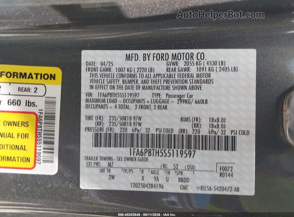 1FA6P8TH5S5119597 2025 FORD MUSTANG Серый Вид подкапотного пространства