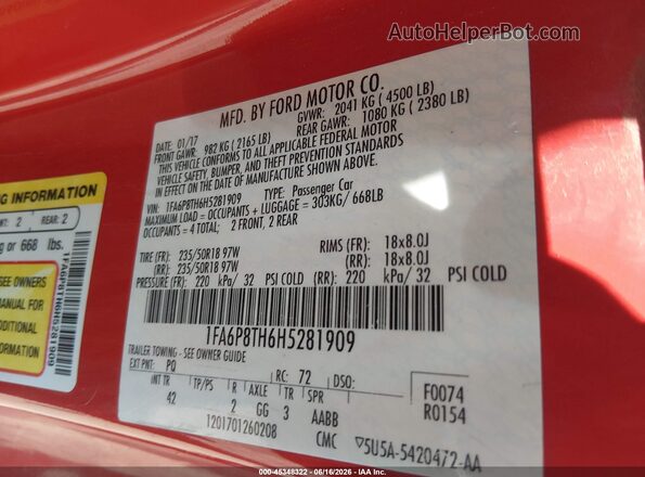 1FA6P8TH6H5281909 2017 FORD MUSTANG Red Vista del compartimento del motor