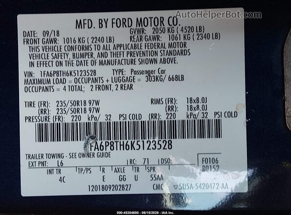 1FA6P8TH6K5123528 2019 FORD MUSTANG Dark Blue 
