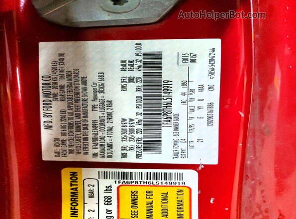 1FA6P8TH6L5149919 2020 FORD MUSTANG Red 