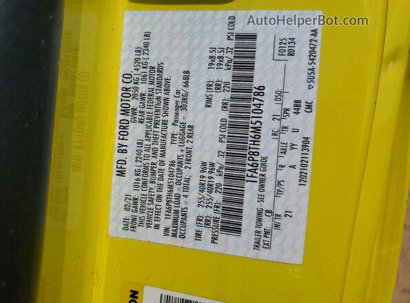 1FA6P8TH6M5104786 2021 FORD MUSTANG Yellow 