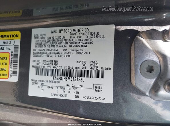 1FA6P8TH6M5131860 2021 FORD MUSTANG Gray 