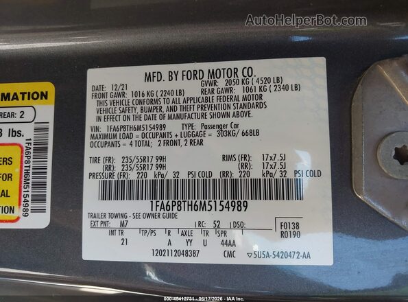 1FA6P8TH6M5154989 2021 FORD MUSTANG Gray ძრავის განყოფილების ხედი