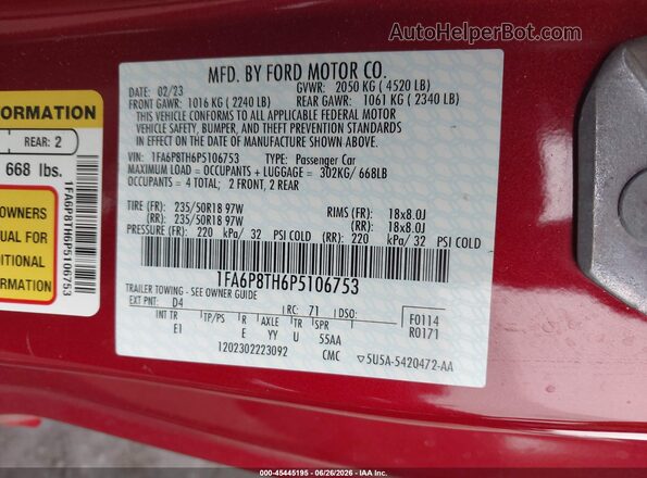 1FA6P8TH6P5106753 2023 FORD MUSTANG Red Շարժիչի բաժամունքի տեսք