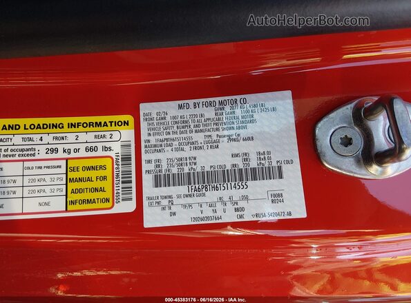 1FA6P8TH6T5114555 2026 FORD MUSTANG Red Vista del compartimento del motor