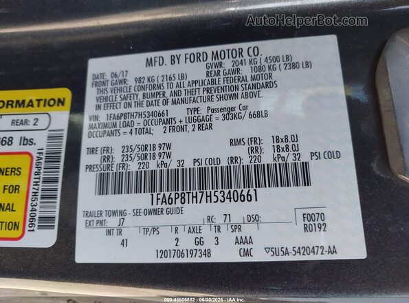1FA6P8TH7H5340661 2017 FORD MUSTANG Серый Вид подкапотного пространства