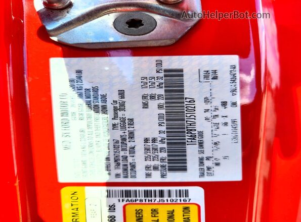 1FA6P8TH7J5102167 2018 FORD MUSTANG Red Вид наклейки з VIN-кодом