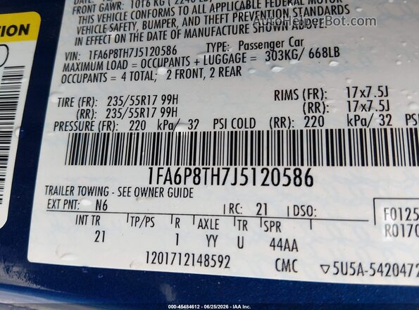 1FA6P8TH7J5120586 2018 FORD MUSTANG Blue Շարժիչի բաժամունքի տեսք