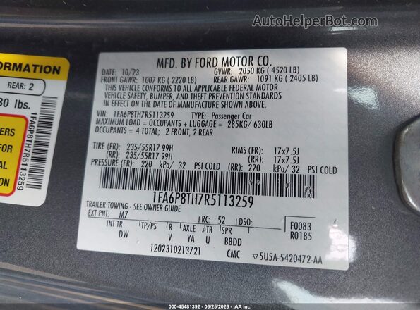 1FA6P8TH7R5113259 2024 FORD MUSTANG Silver Вид підкапотного простору