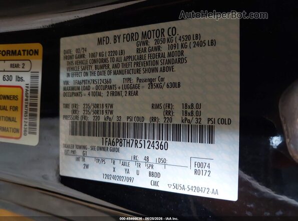 1FA6P8TH7R5124360 2024 FORD MUSTANG Black Շարժիչի բաժամունքի տեսք