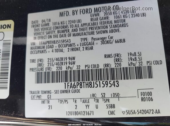1FA6P8TH8J5159543 2018 FORD MUSTANG Black Vista del compartimento del motor