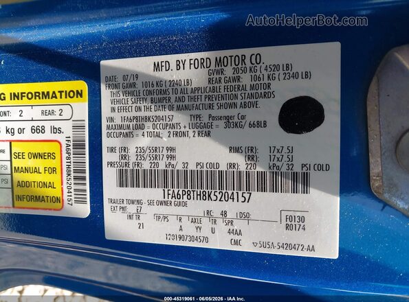 1FA6P8TH8K5204157 2019 FORD MUSTANG Blue Շարժիչի բաժամունքի տեսք