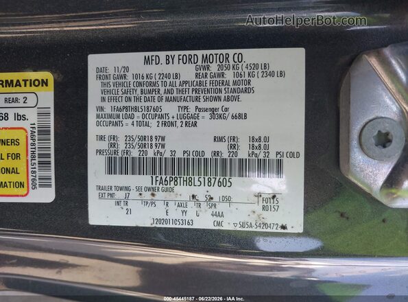1FA6P8TH8L5187605 2020 FORD MUSTANG Gray Շարժիչի բաժամունքի տեսք