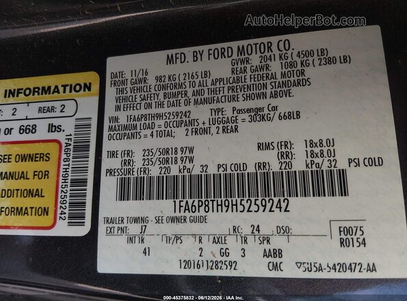 1FA6P8TH9H5259242 2017 FORD MUSTANG Gray Widok komory silnika