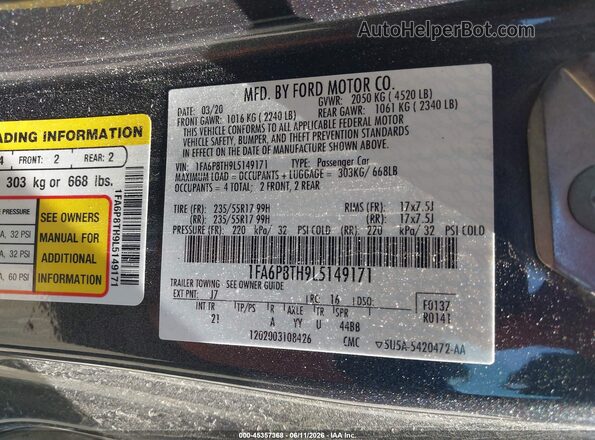 1FA6P8TH9L5149171 2020 FORD MUSTANG Gray Vista del compartimento del motor