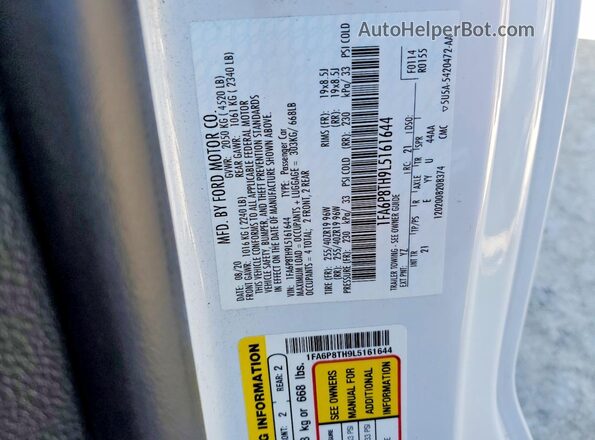1FA6P8TH9L5161644 2020 FORD MUSTANG White Vista del compartimento del motor