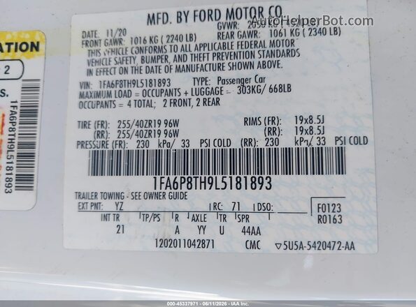 1FA6P8TH9L5181893 2020 FORD MUSTANG White ძრავის განყოფილების ხედი