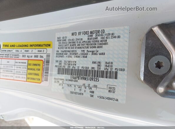 1FA6P8TH9M5109335 2021 FORD MUSTANG Белый Вид подкапотного пространства
