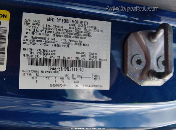 1FA6P8TH9N5111040 2022 FORD MUSTANG Blue Vista del compartimento del motor