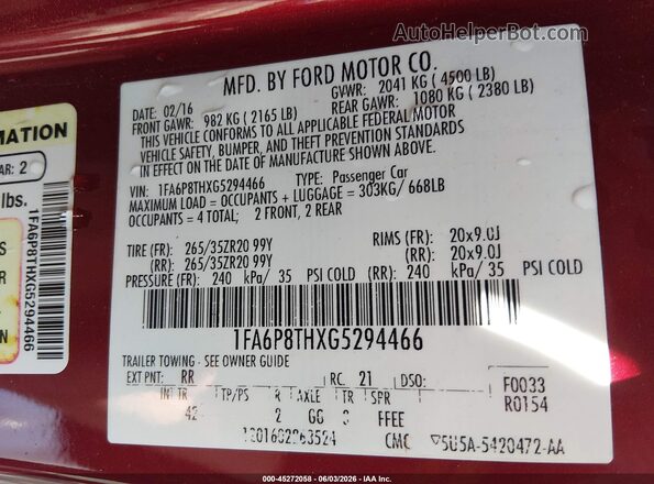 1FA6P8THXG5294466 2016 FORD MUSTANG Red Widok komory silnika