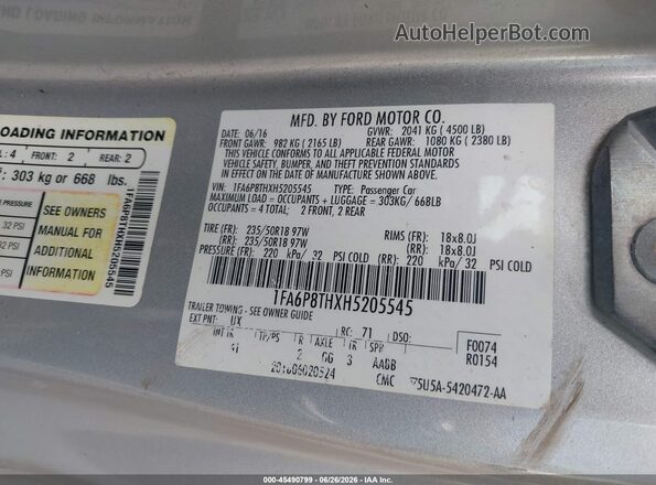 1FA6P8THXH5205545 2017 FORD MUSTANG Silver Vista del compartimento del motor
