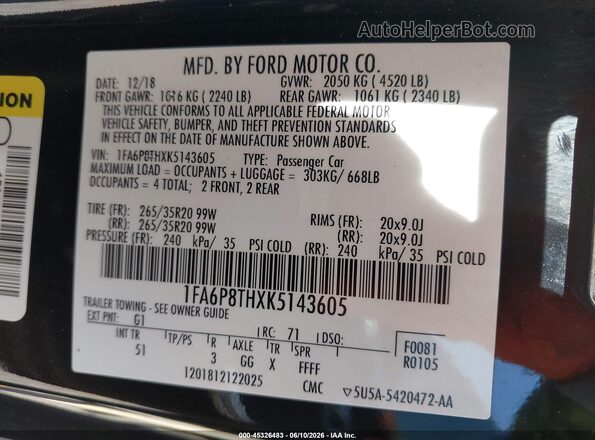 1FA6P8THXK5143605 2019 FORD MUSTANG Black Engine compartment view