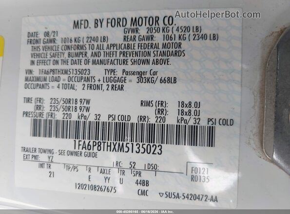 1FA6P8THXM5135023 2021 FORD MUSTANG White Widok komory silnika