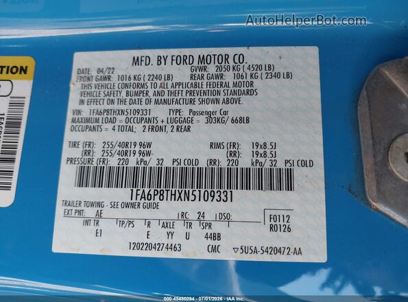 1FA6P8THXN5109331 2022 FORD MUSTANG Light Blue Вид подкапотного пространства