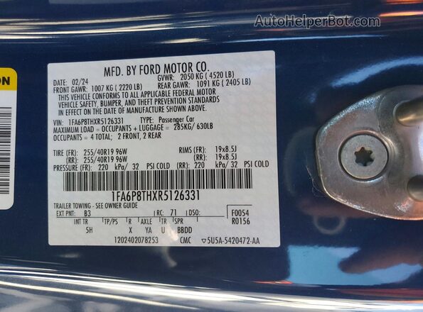 1FA6P8THXR5126331 2024 FORD MUSTANG Blue Շարժիչի բաժամունքի տեսք