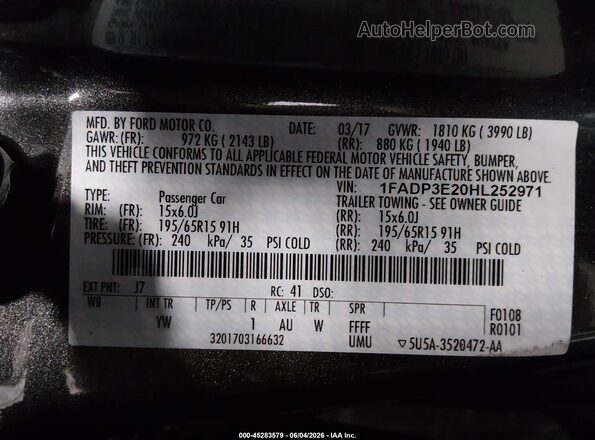 1FADP3E20HL252971 2017 FORD FOCUS Gray Engine compartment view