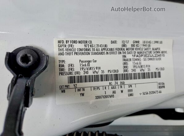 1FADP3E23JL224510 2018 FORD FOCUS Белый 